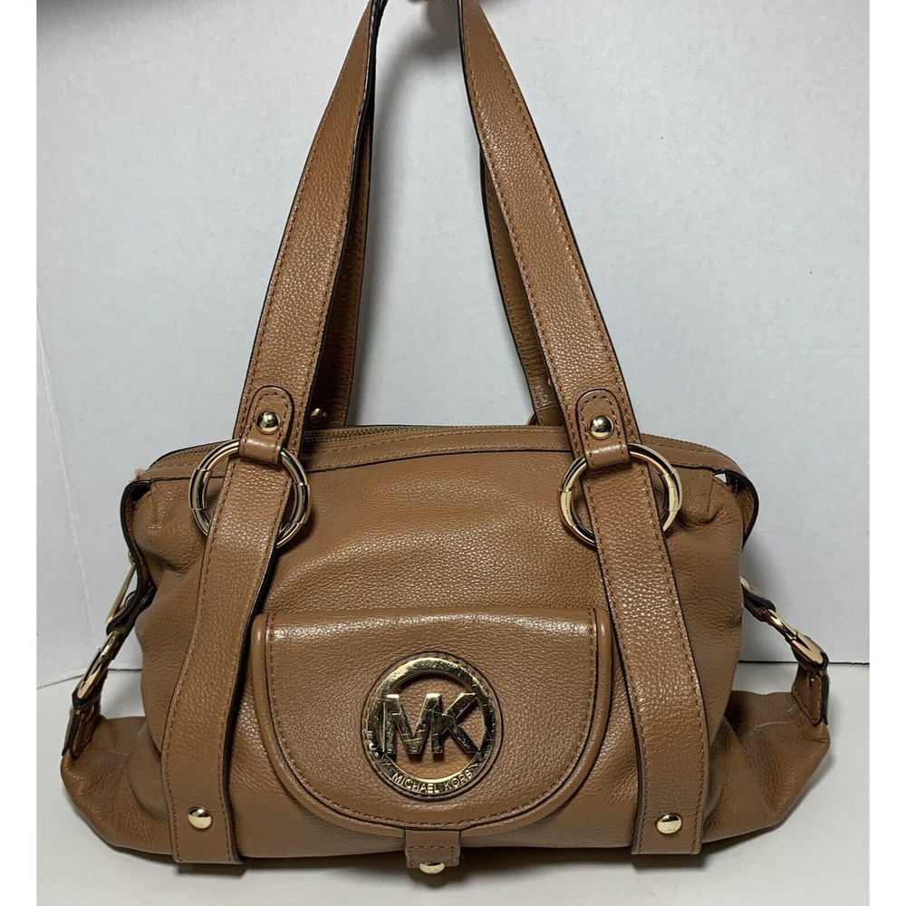 Michael Kors Fulton Camel Brown Pebble Leather Shoulder Bag Purse 7 Pockets